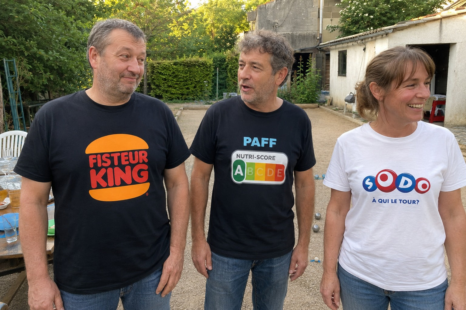 Trois amis portant les t-shirts Humour Nwar pendant un apéritif